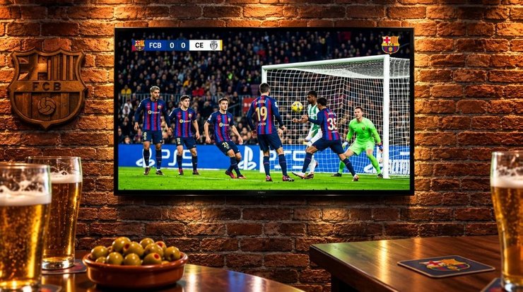 La tele con el partido y el picoteo en la mesa
