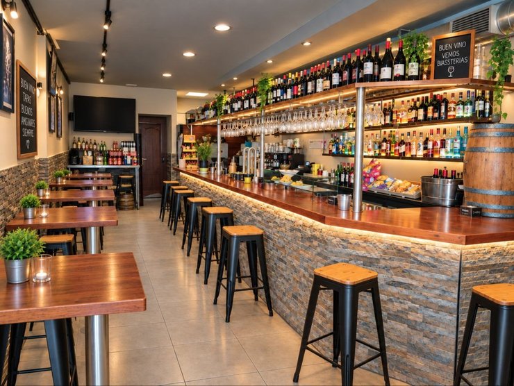 La barra del Buen Rincón de un extremo al otro, con los taburetes, las botellas y el barril